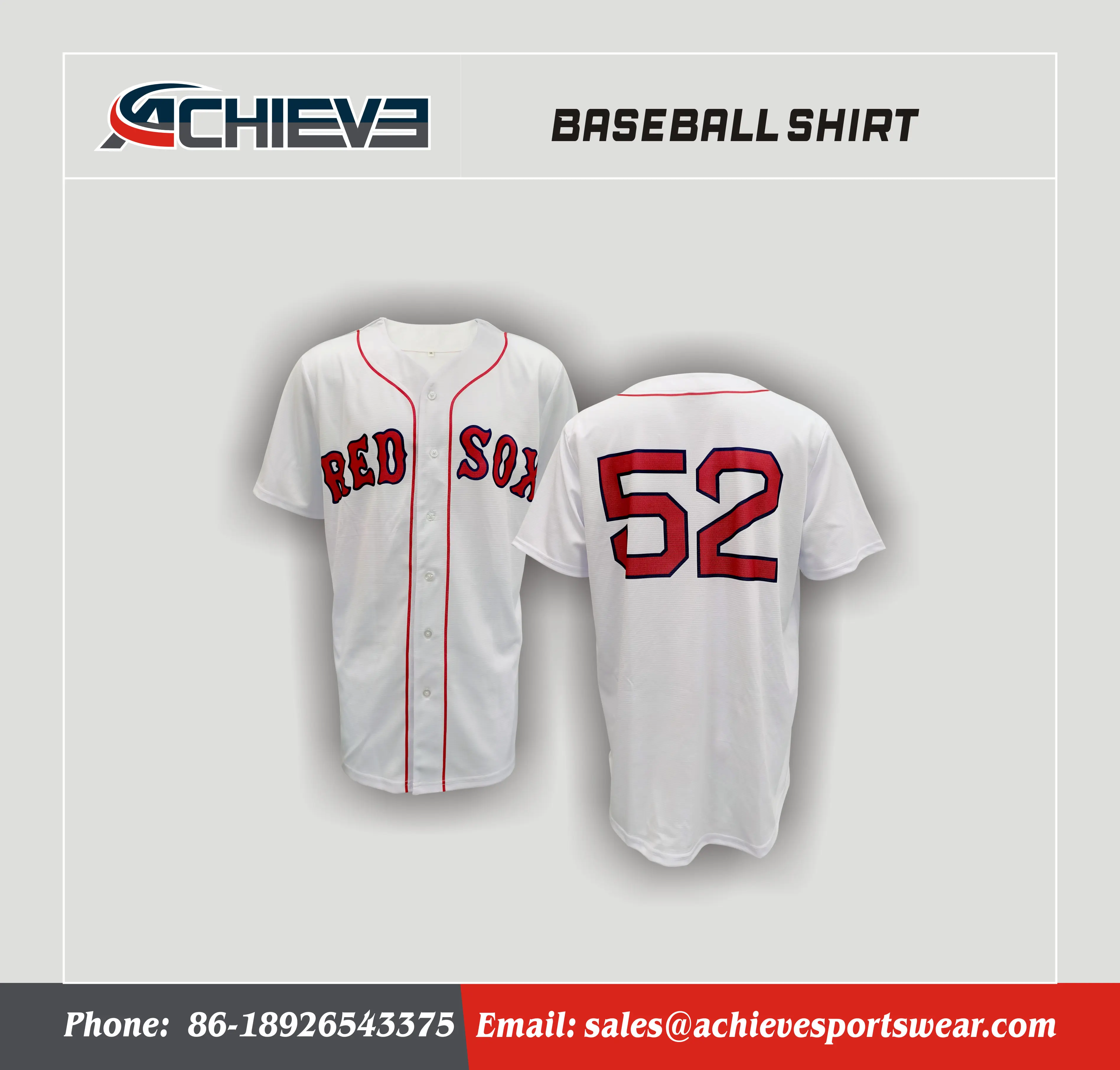 Custom Classic Button-Front Sublimated Baseball Jersey – White with Red Piping