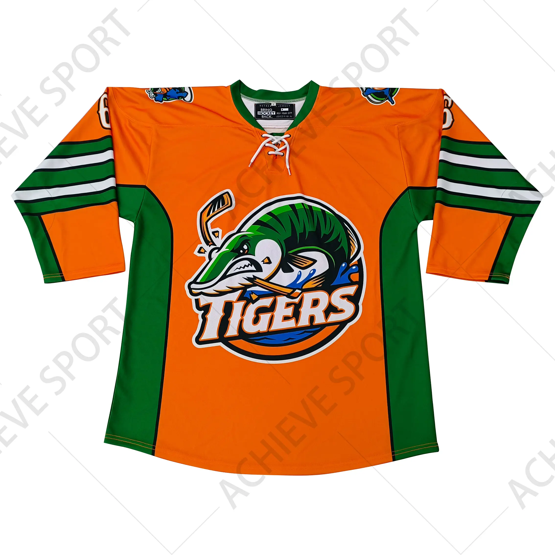 Custom Lace Neck Hockey Jersey Full Sublimation Printing Tigers Logo Bright Color Ice Hockey Jerseys