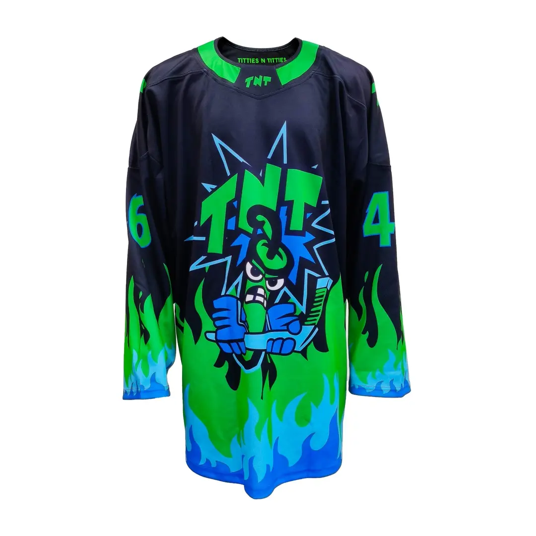 Wholesale Fluorescent Color Cartoon Flame Print Hockey Jersey -Sublimation Printed Team Customizable Streetwear Hip Hop Sportswear Manufacturers, Factories