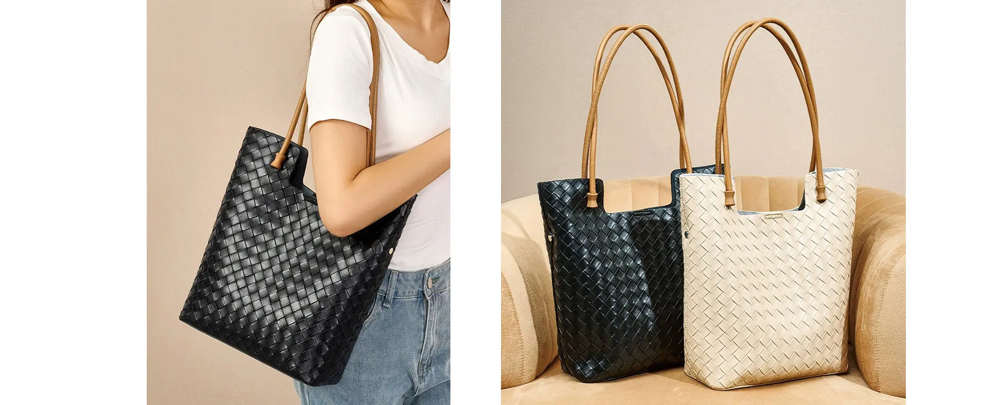 Genuine leather woven handbag utility view