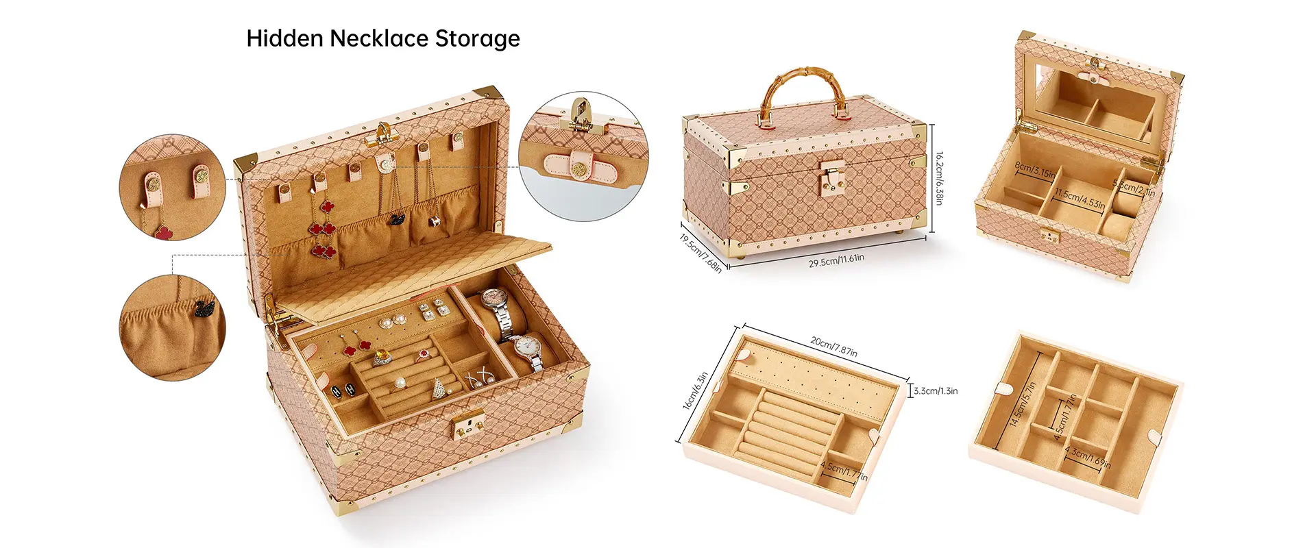Inside layout of the jewelry box showing compartments and built-in mirror