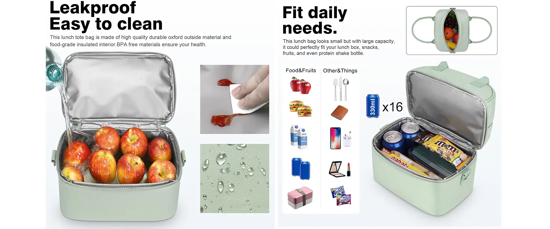 Insulated layers of the lunch bag featuring PU leather and pearl foam