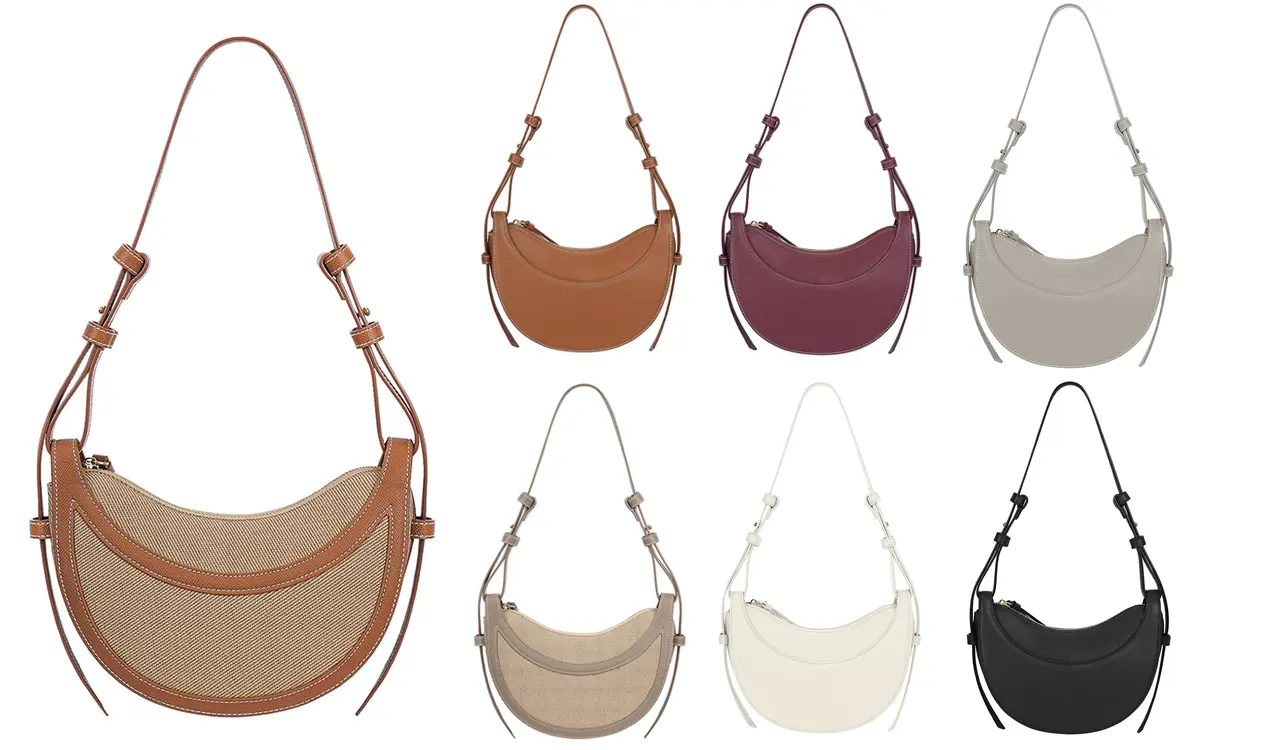 Textured faux leather half-moon bag detail view