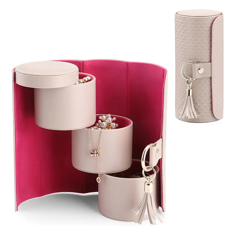 China Small 3 Layer Cylindrical Jewelry Case Travel Necklace Storage Box Factories, Supplier