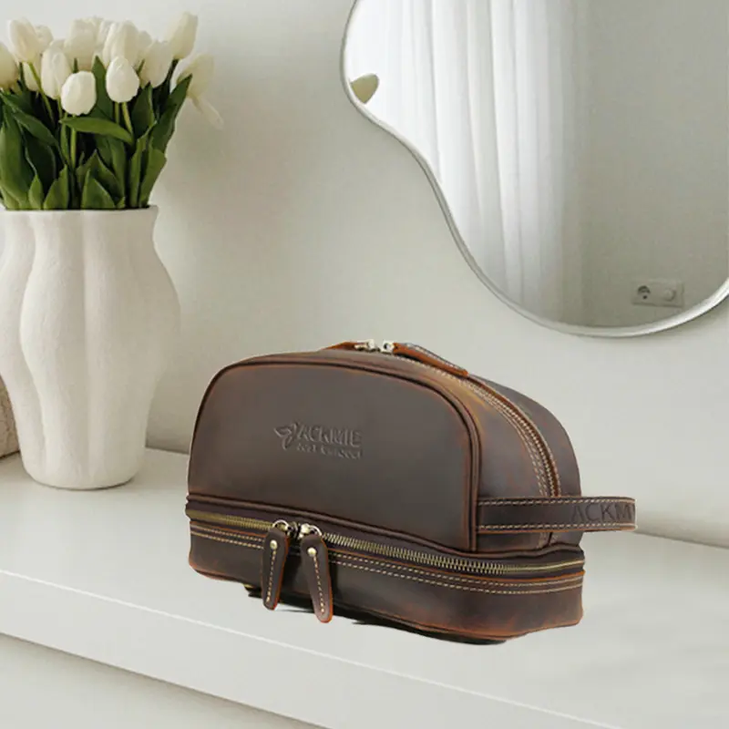 Wholesale Double Layer Leather Toiletry Bag Makeup Bag Manufacturers, Factory