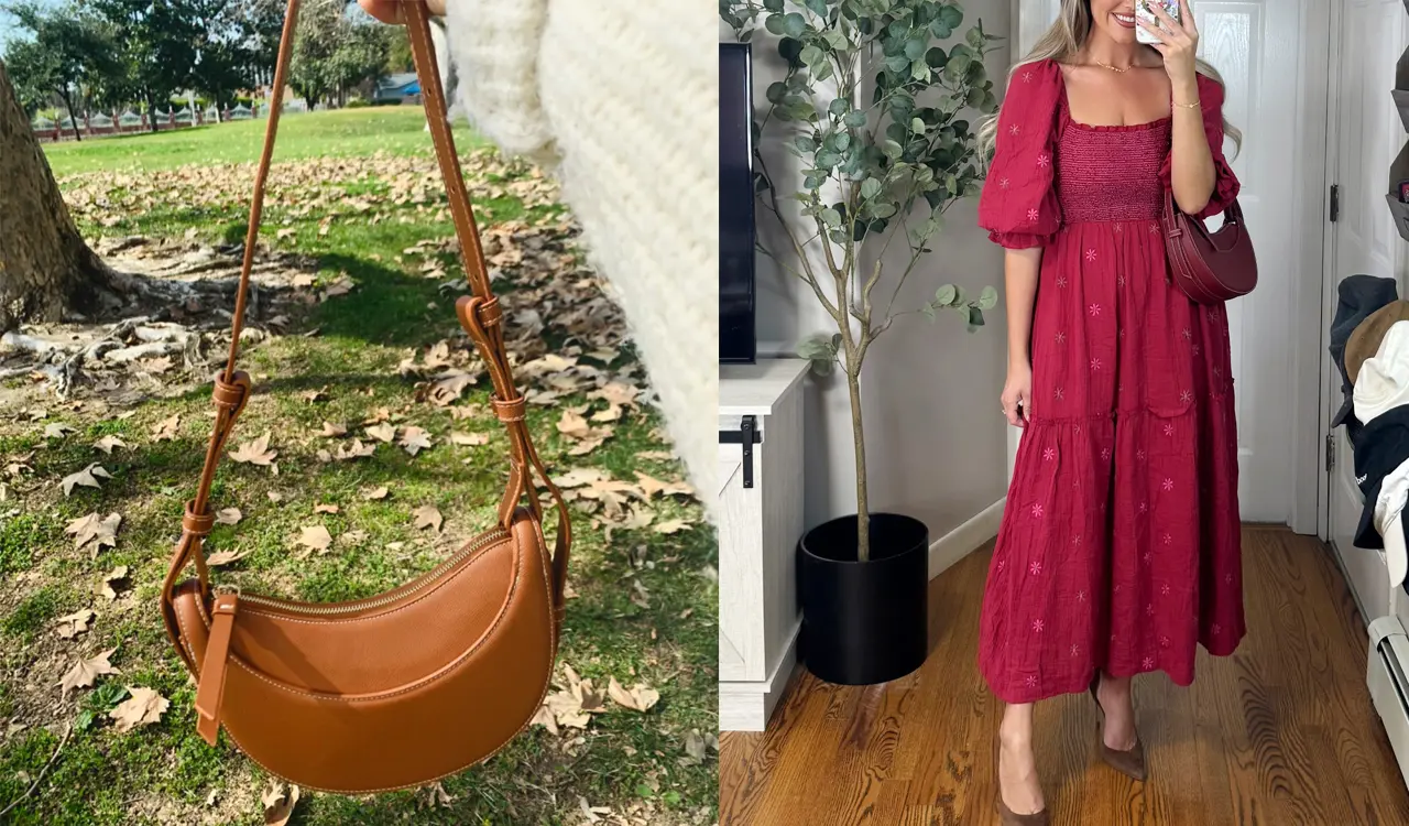 Crescent-shaped bag with adjustable shoulder straps display