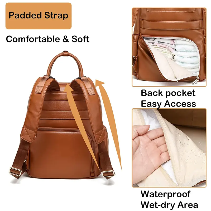 Wholesale Women's Leather Diaper Bag Backpack with Laptop Compartment Factory, Supplier