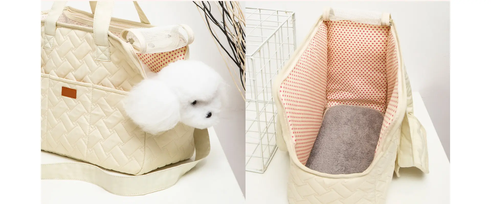Exquisite details of the pet carrier handbag showing interior design and mesh windows