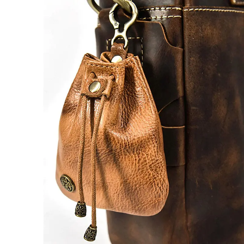 China Leather Mini Medieval Pouch Keychain Small Leather Drawstring Pouch Coin Pouch Manufacturers, Factories