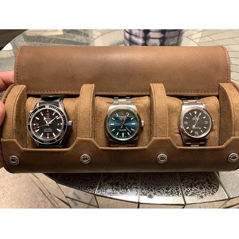 Wholesale Genuine Leather Portable Watch Box Watch Roll-up Travel Box for 3 Watches Suppliers, Supplier