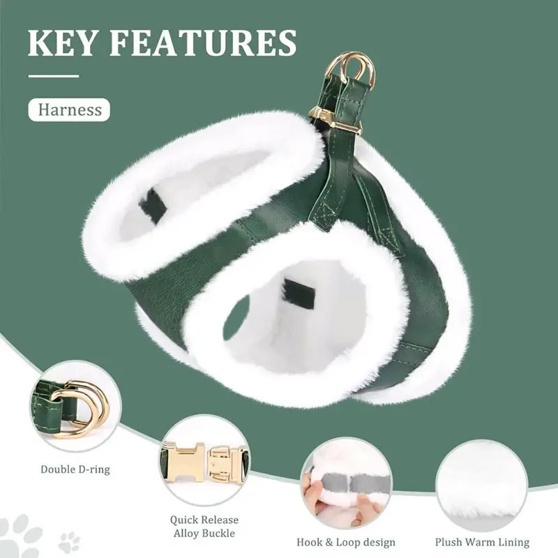 China Leather Small Dog Harness and Leash Set Soft Plush Winter Warm Dog Harness Factory, Supplier