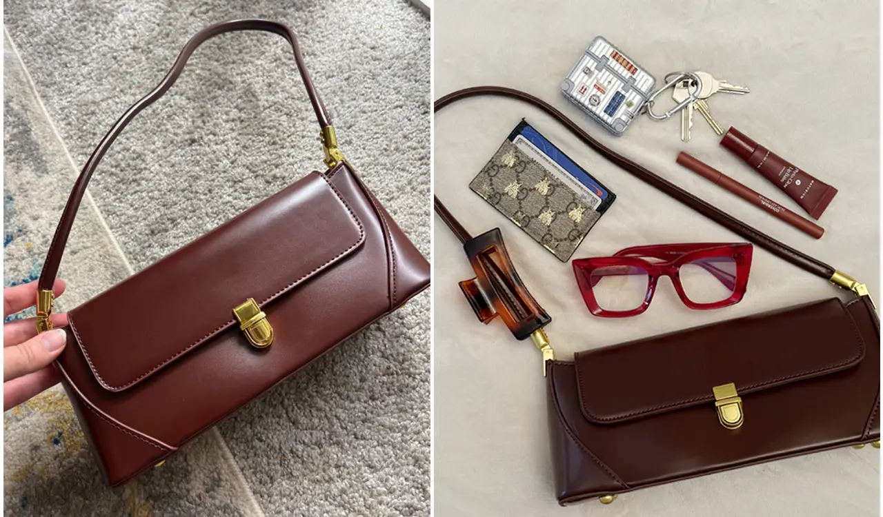 Stylish brown shoulder wallet on display