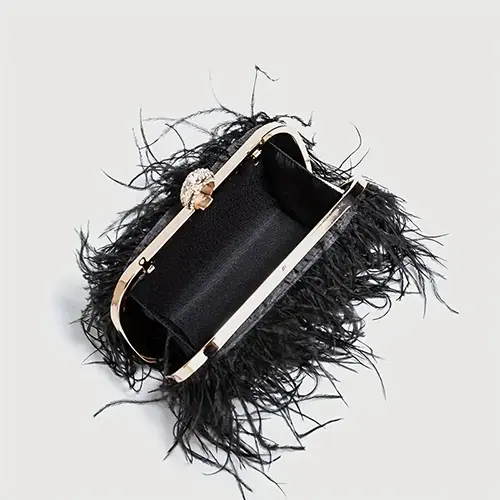 Luxury Ostrich Feather Party Evening Bag Clutch with crystal buckle