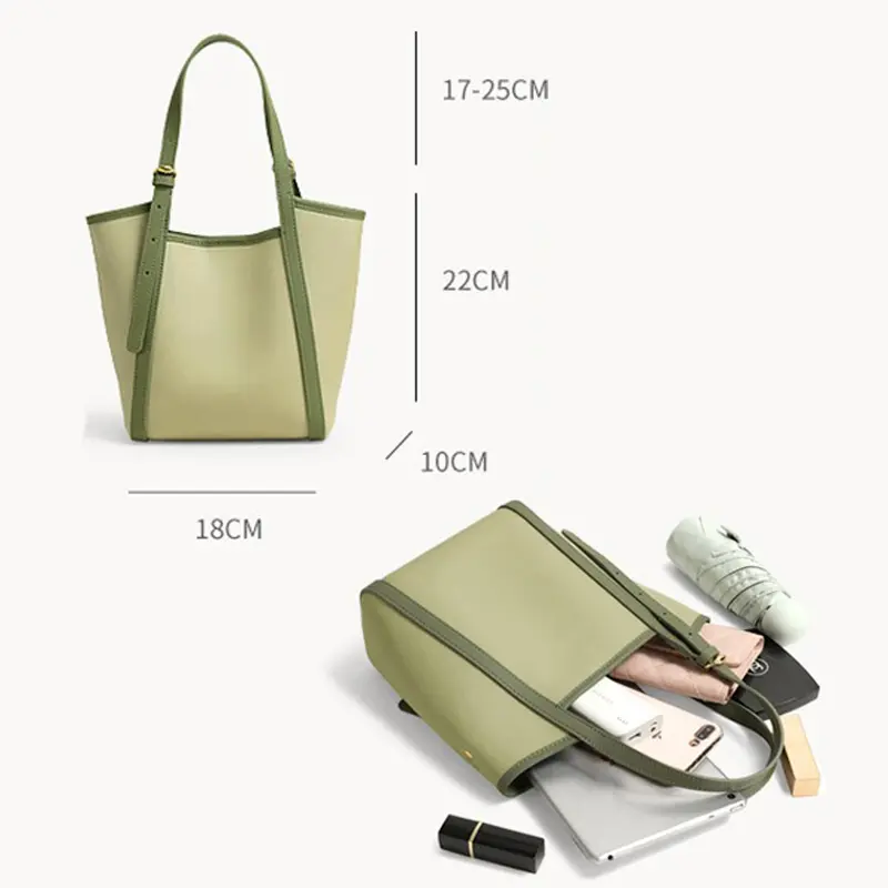 China Genuine Leather Tote Bag Light Green Bucket Bag Factories, Supplier