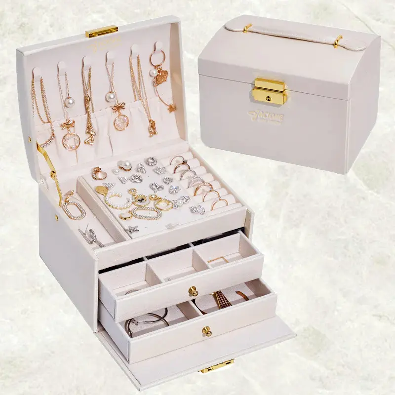 China Leather Jewelry Box Lockable 3-layer Drawer Storage Box Manufacturers, Factories