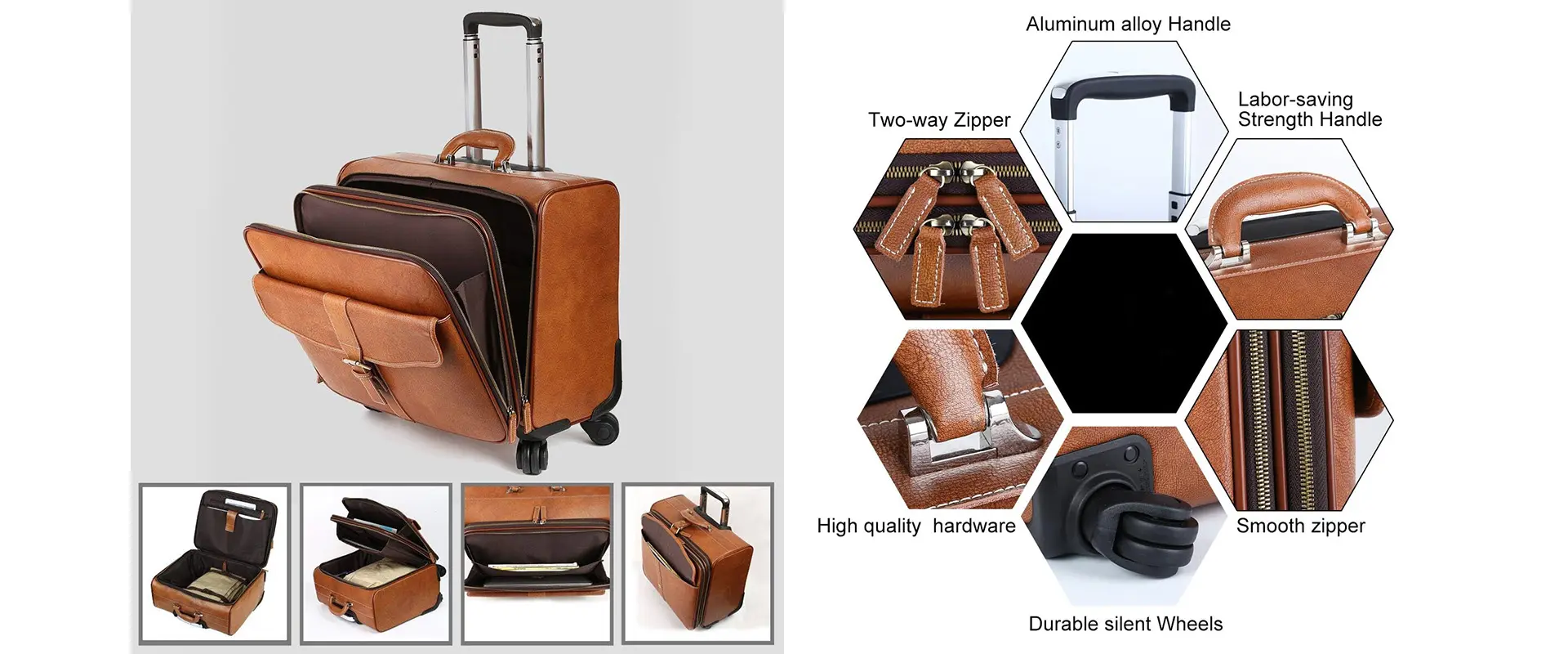Leather suitcase front pocket design and storage space