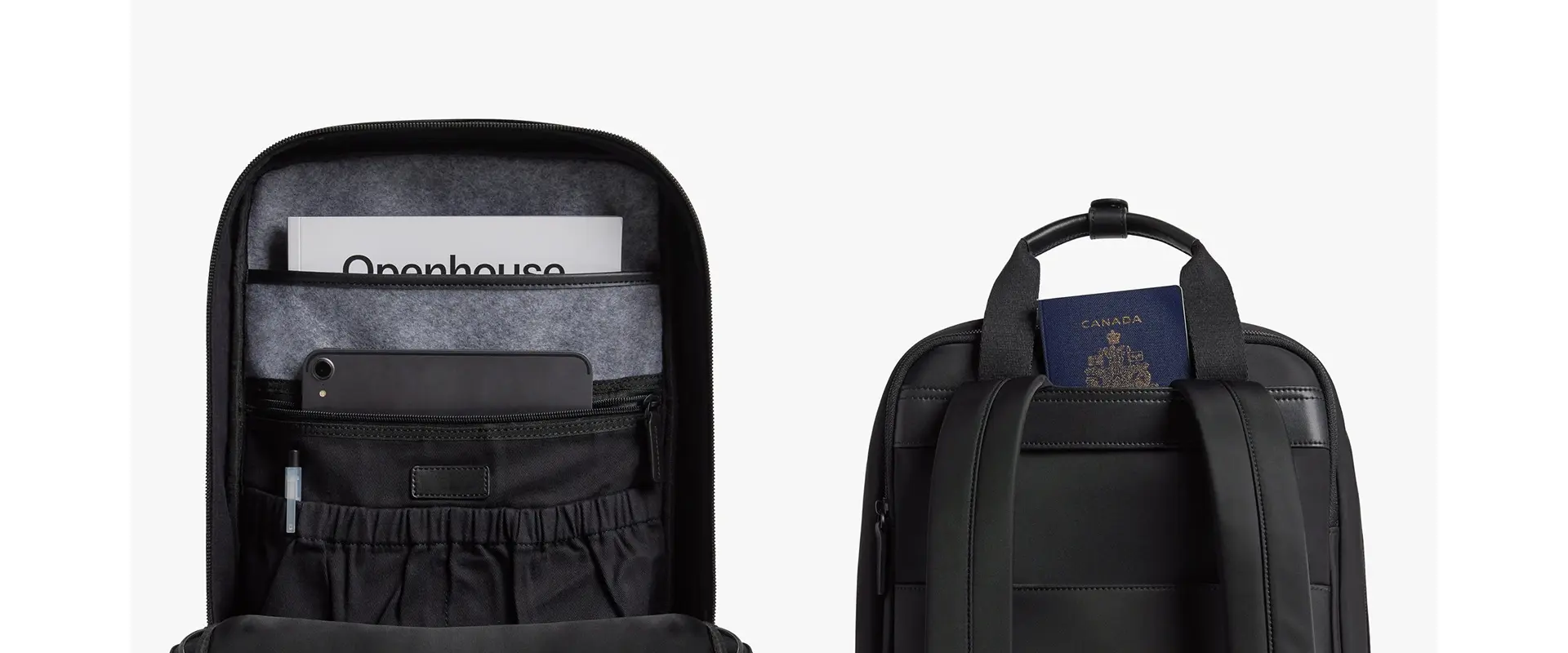Water-resistant nylon backpack with vegan leather accent