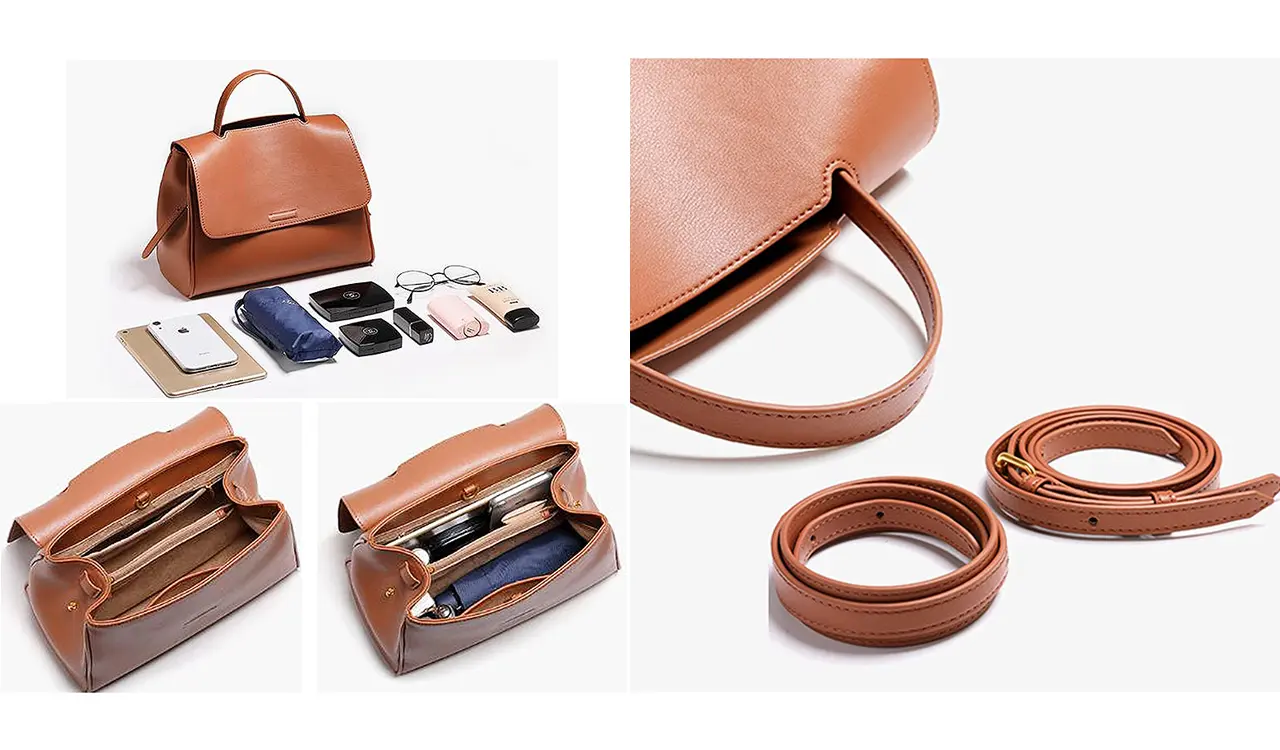 Leather handbag dimensions and capacity showcase