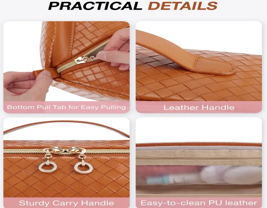 Durable leather handle and zipper detail