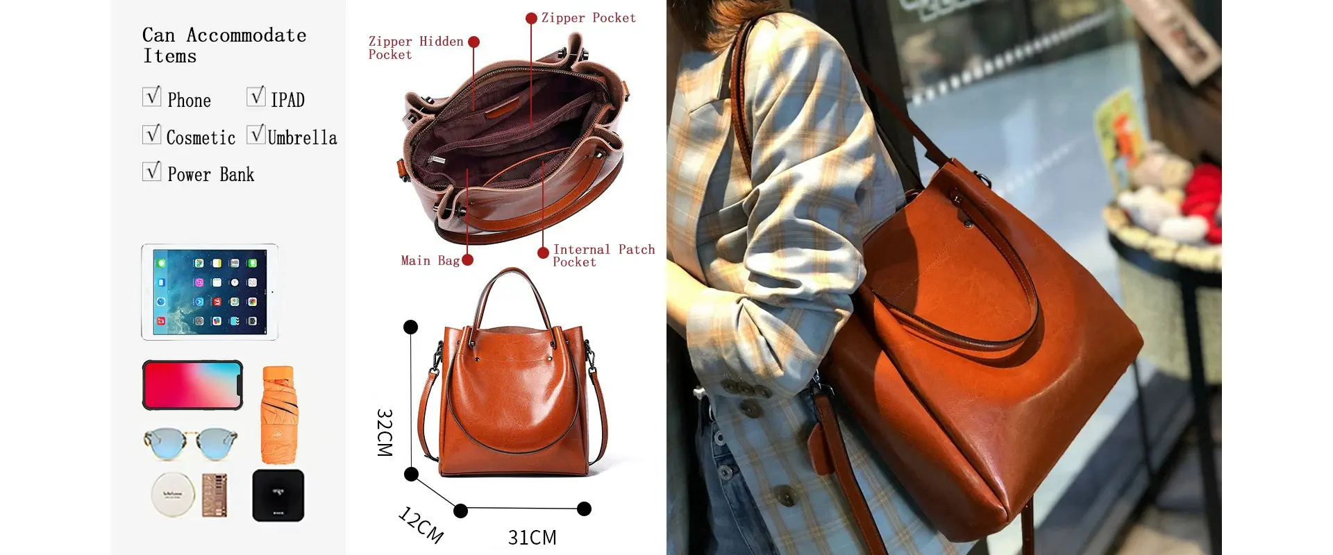 Genuine Leather Shoulder Bag Front View