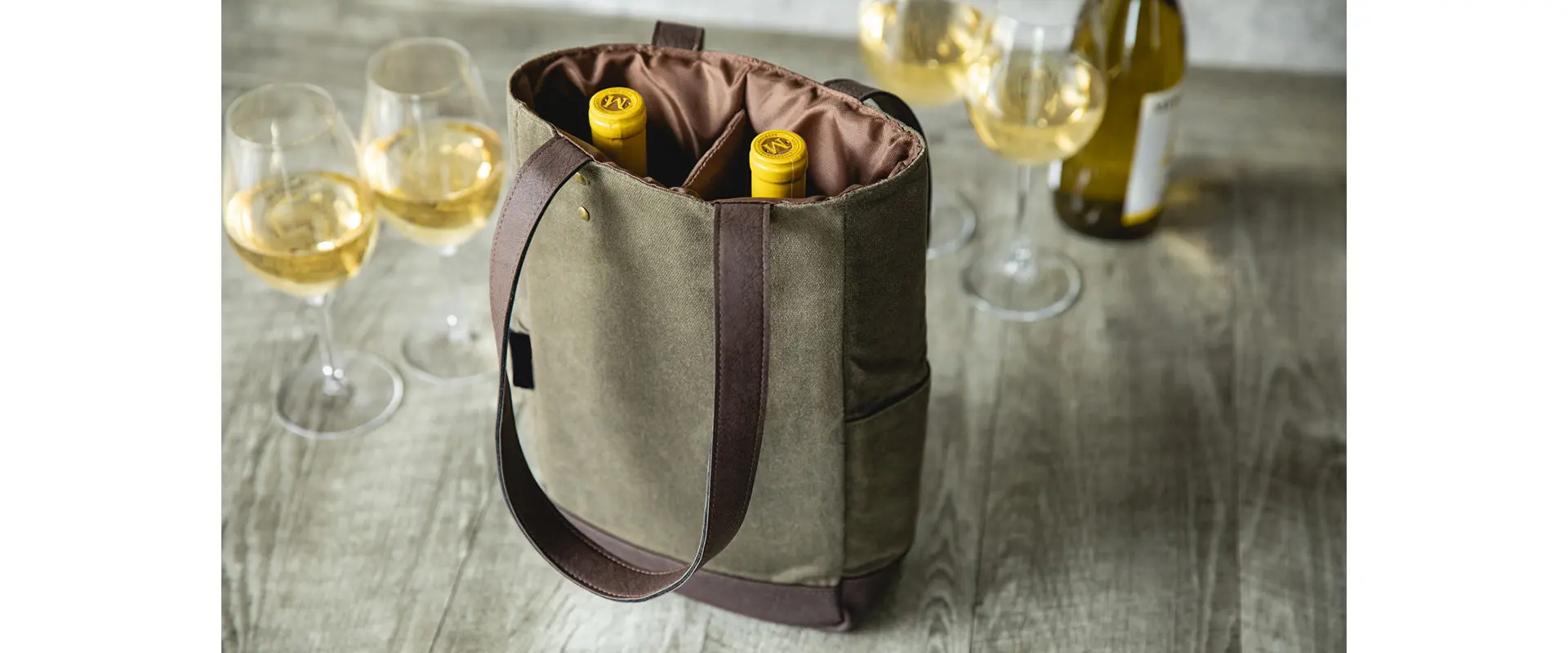 Waxed canvas wine tote khaki green front view