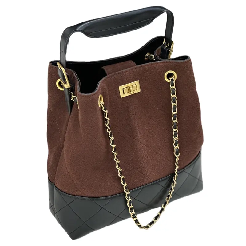 China Matte Leather Diamond Cowhide Retro Chain Shoulder Bag Bucket Bag Contrast Color Tote Bag Factories, Supplier