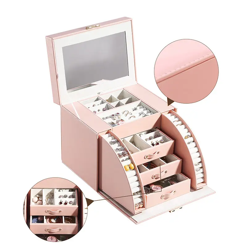 Multi-layer PU Leather Jewelry Box with Mirror and Lock Display