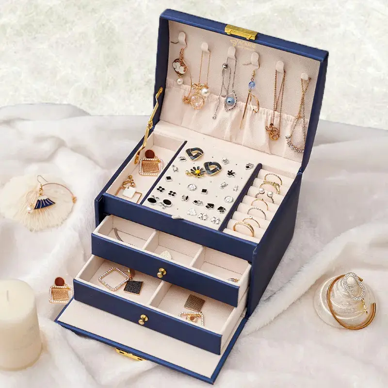 China Leather Jewelry Box Lockable 3-layer Drawer Storage Box Manufacturers, Factories