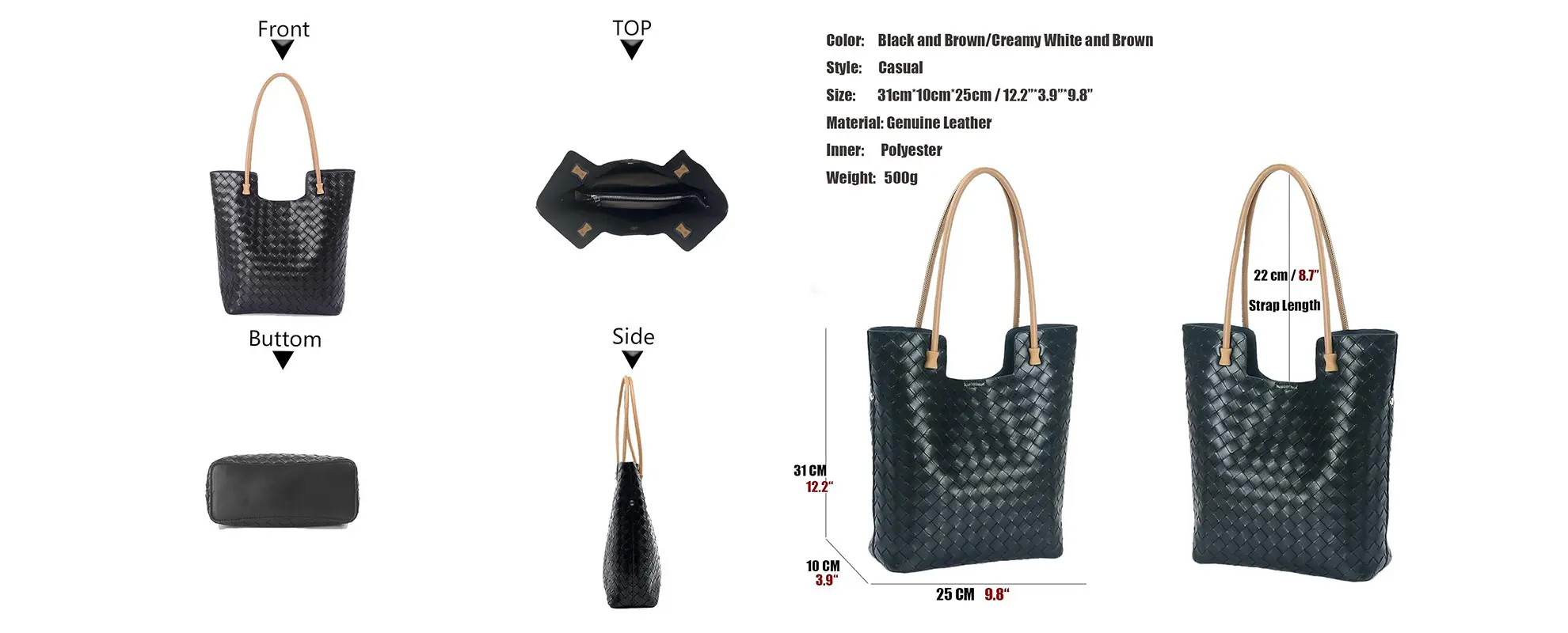 Woven leather tote bag detail view