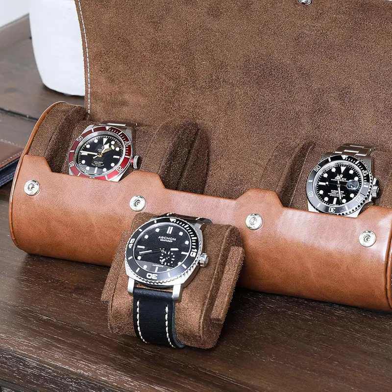 Wholesale Genuine Leather Portable Watch Box Watch Roll-up Travel Box for 3 Watches Suppliers, Supplier