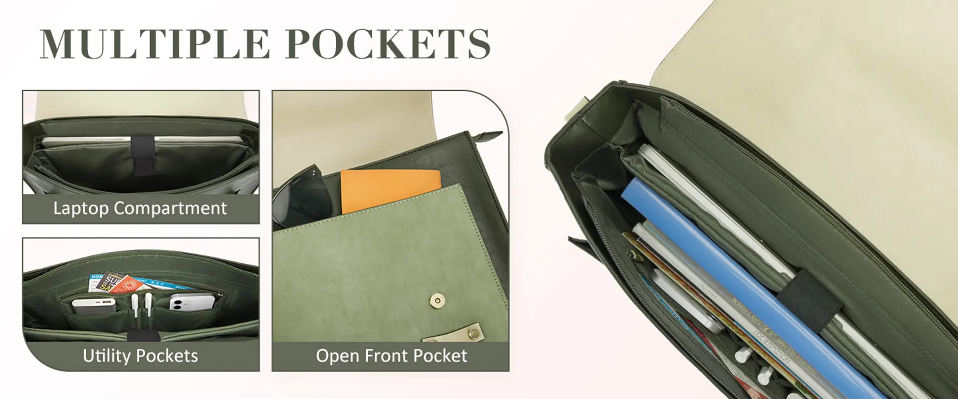 Interior and exterior organizational pockets of the laptop briefcase