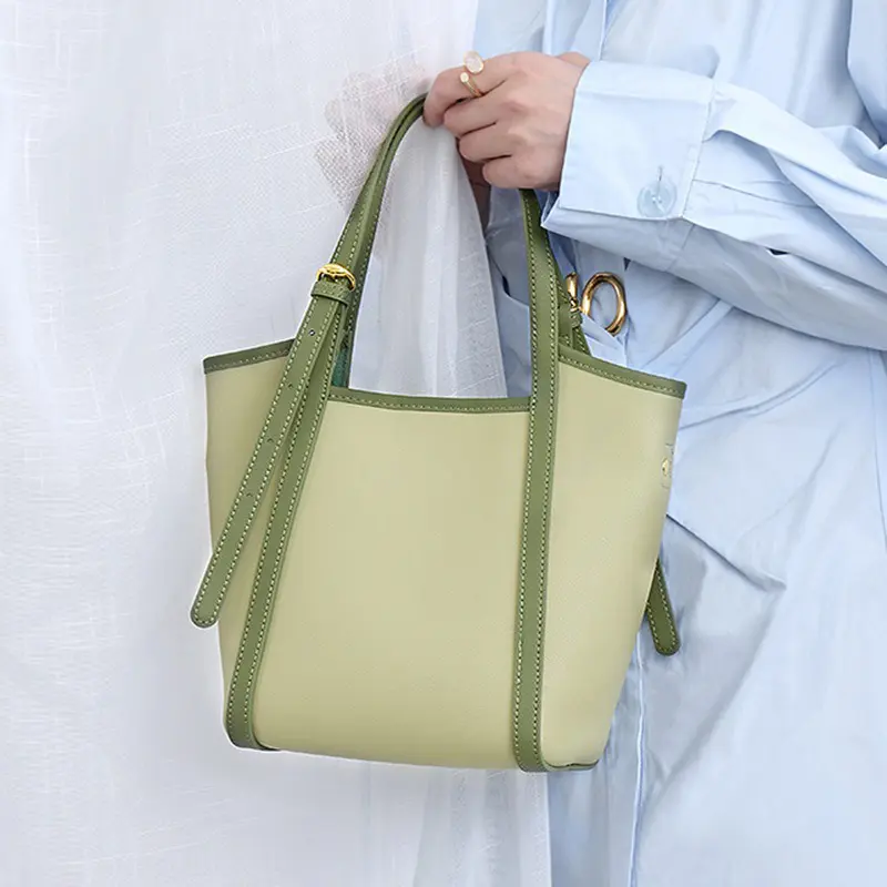 China Genuine Leather Tote Bag Light Green Bucket Bag Factories, Supplier