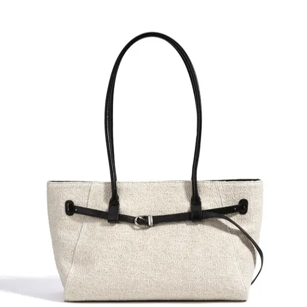 Wholesale New Design Patchwork Underarm Bag, Casual Minimalist Top-Grain Cowhide Tote Bag, Linen Large-Capacity Single Shoulder Bag Manufacturers, Factories