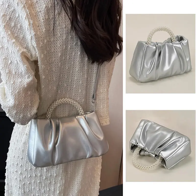 China Women's Small Pearl Soft Leather Pleated Handbag Wedding Bridal Clutch Manufacturer, Manufacturers