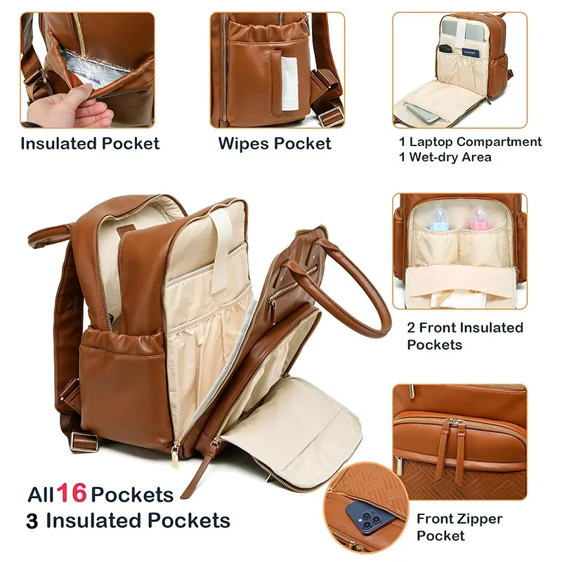 Wholesale Women's Leather Diaper Bag Backpack with Laptop Compartment Factory, Supplier