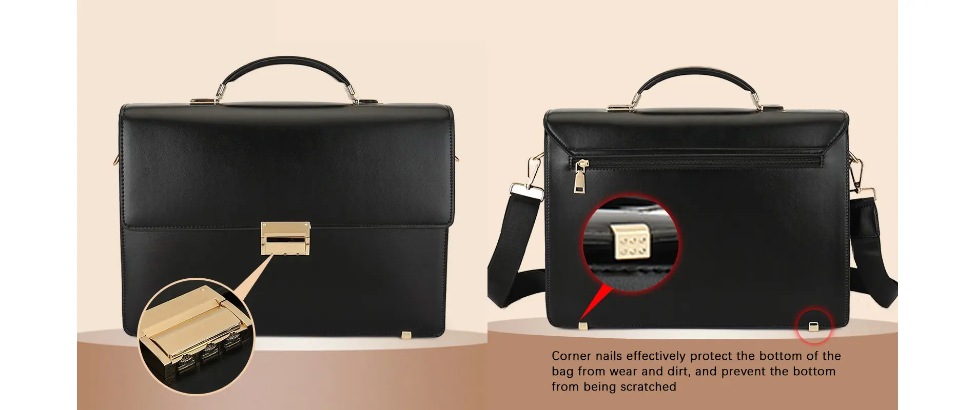 Handcrafted leather briefcase detail view