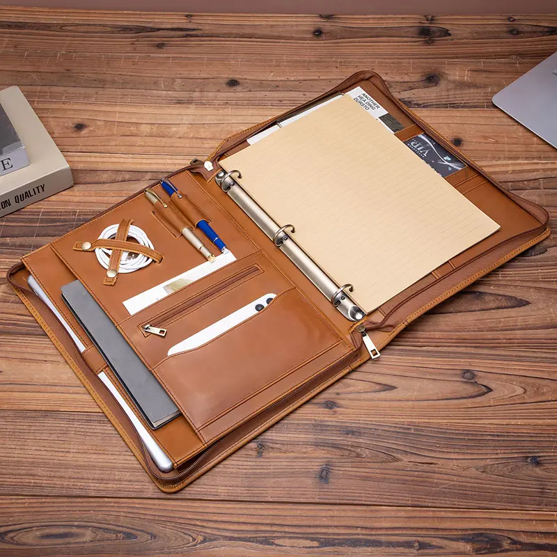 China Genuine Leather Zipper Business Folder Organizer with Hidden Handle Manufacturer, Factories