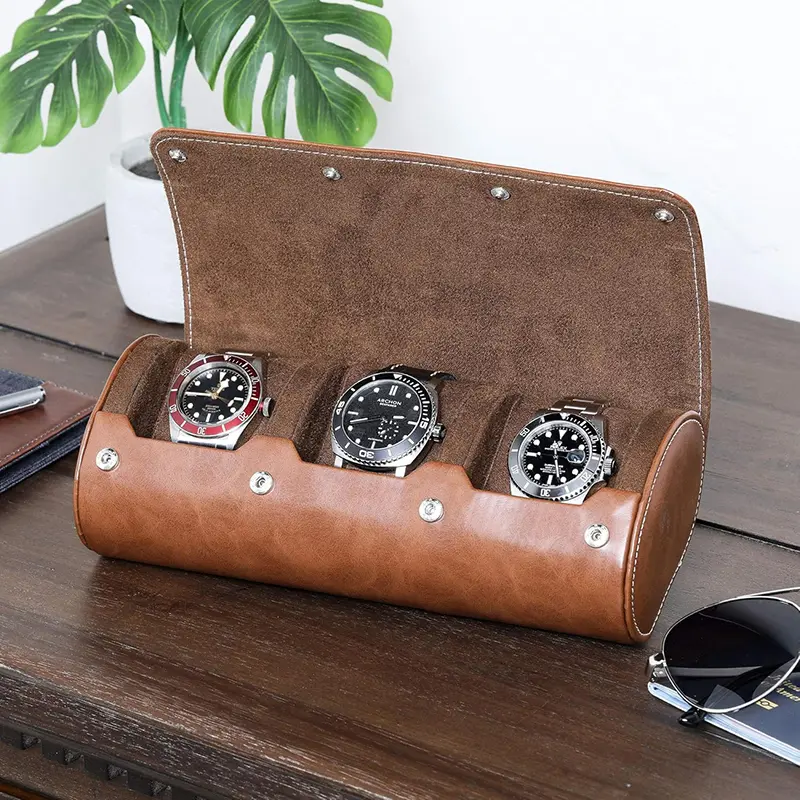 Wholesale Genuine Leather Portable Watch Box Watch Roll-up Travel Box for 3 Watches Suppliers, Supplier