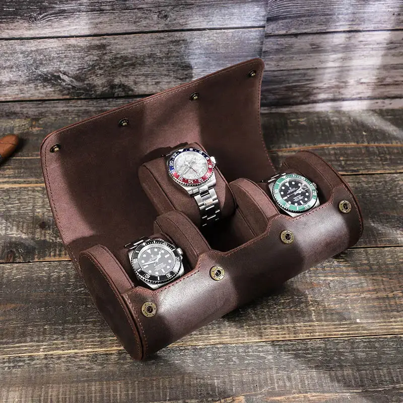 PU Leather Men's 3 Slot Watch Case Roll Side View