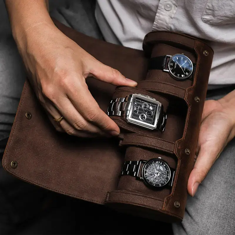 PU Leather Men's 3 Slot Watch Case Roll Interior