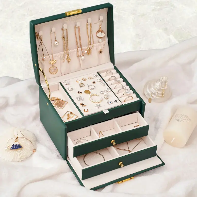 China Leather Jewelry Box Lockable 3-layer Drawer Storage Box Manufacturers, Factories