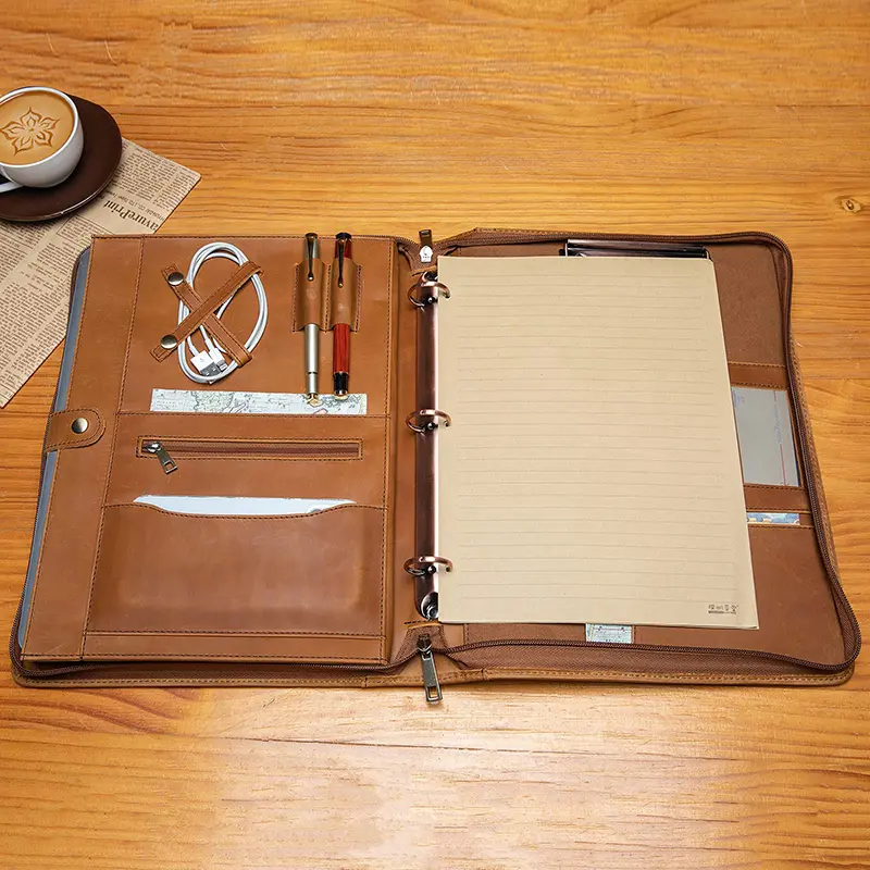 China Genuine Leather Zipper Business Folder Organizer with Hidden Handle Manufacturer, Factories