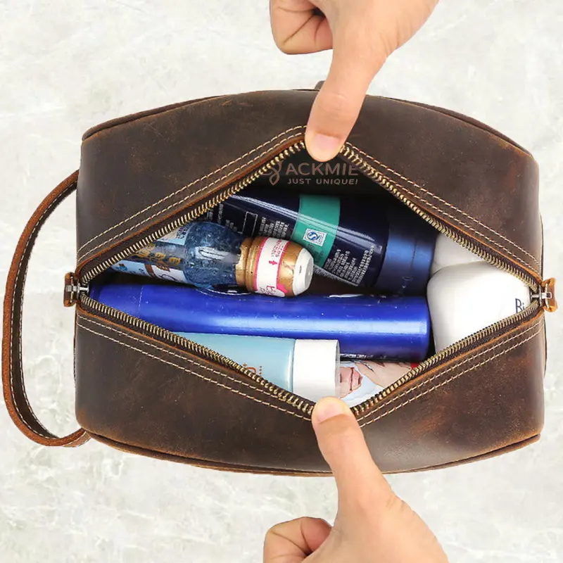 Wholesale Double Layer Leather Toiletry Bag Makeup Bag Manufacturers, Factory