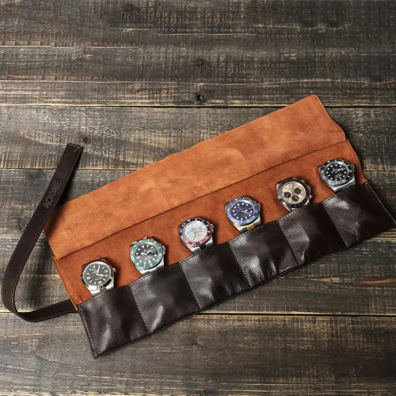 Wholesale Multifunctional Genuine Leather Watch Roll With 6 Pockets Manufacturer, Suppliers