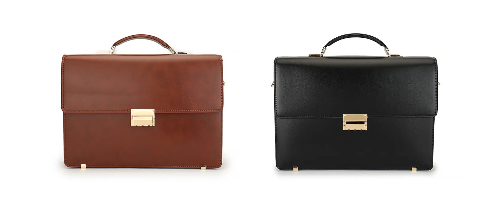 Side angle view showing structured design of leather briefcase