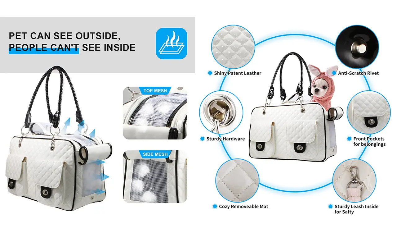 Stylish soft-sided pet carrier purse front view