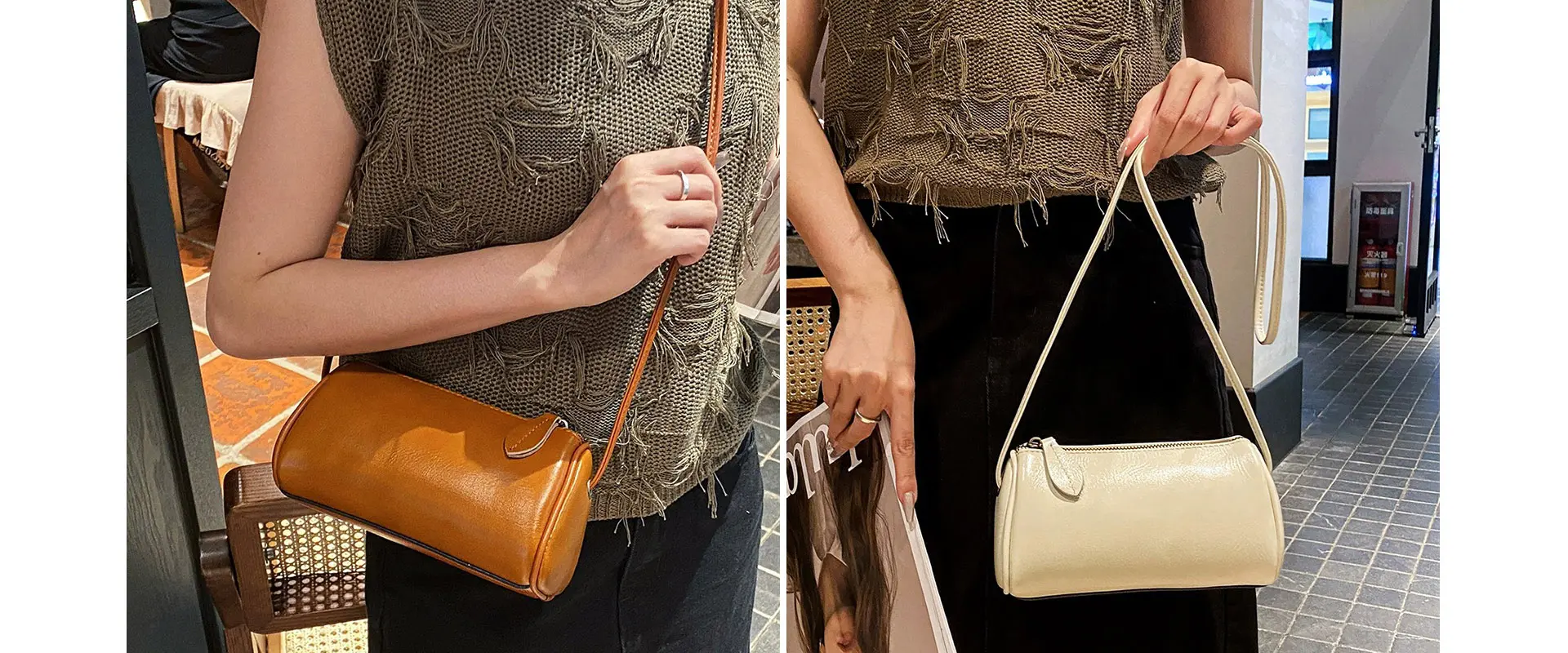 Genuine leather barrel purse stylish view