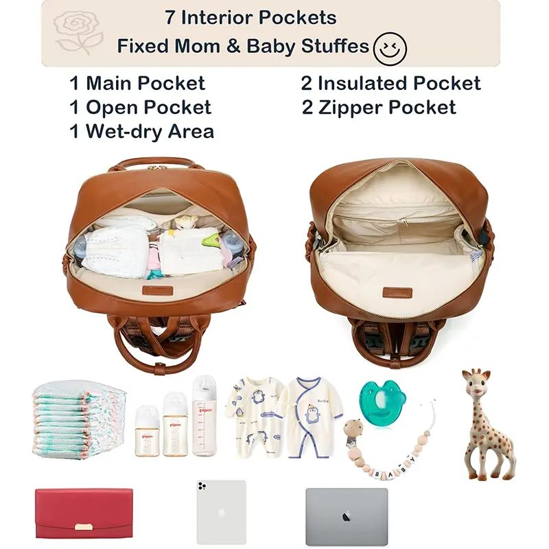 Wholesale Women's Leather Diaper Bag Backpack with Laptop Compartment Factory, Supplier