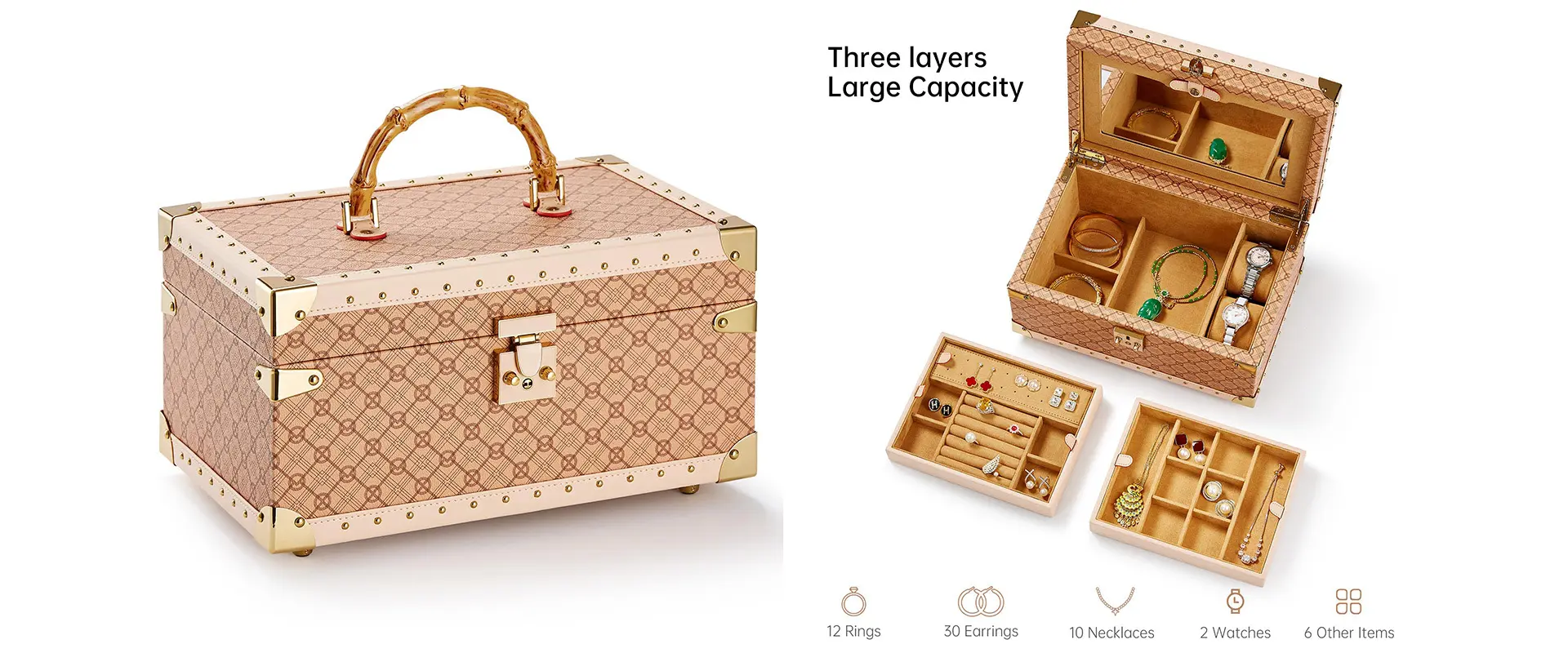 Hard-case jewelry box with retro lychee print and bamboo handle