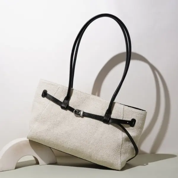 Wholesale New Design Patchwork Underarm Bag, Casual Minimalist Top-Grain Cowhide Tote Bag, Linen Large-Capacity Single Shoulder Bag Manufacturers, Factories